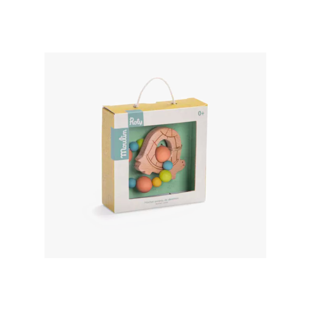 Hochet anneau de dentition bois et silicone tortue - Trois petits lapins - Moulin Roty