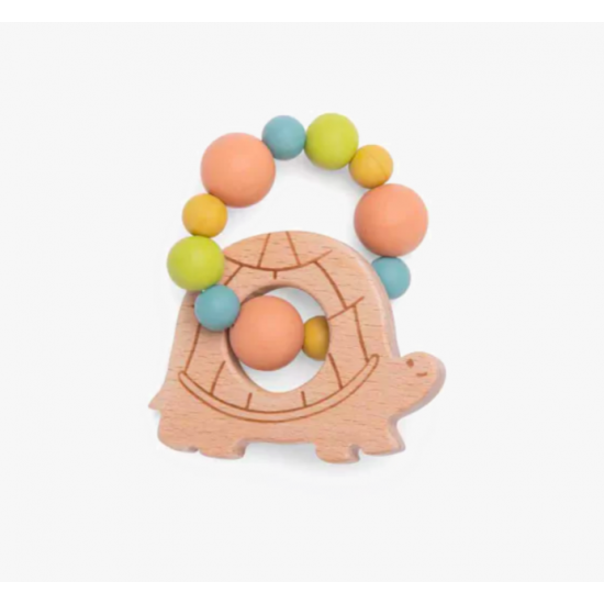 Hochet anneau de dentition bois et silicone tortue - Trois petits lapins - Moulin Roty