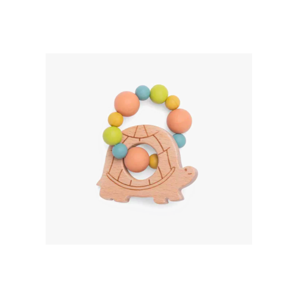 Hochet anneau de dentition bois et silicone tortue - Trois petits lapins - Moulin Roty