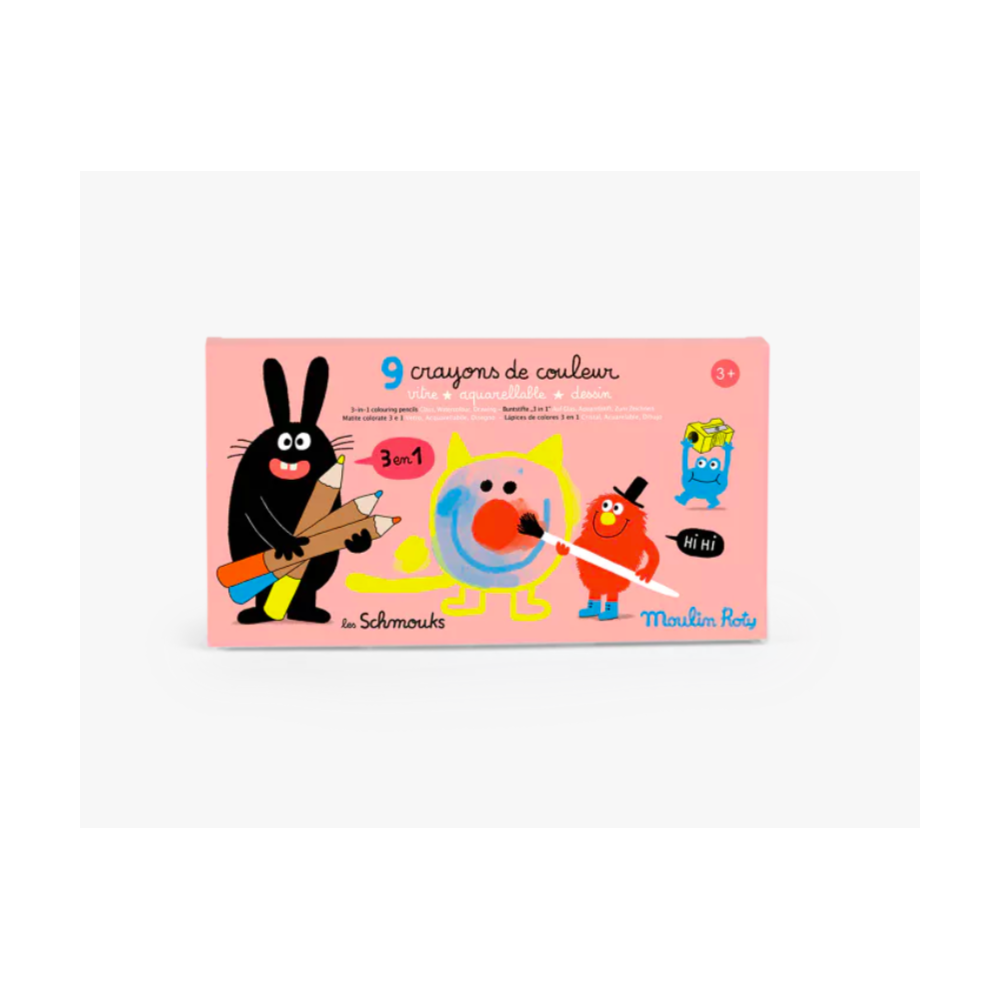 9 crayons de couleurs 3 en 1 - Les Schmouks - Moulin Roty