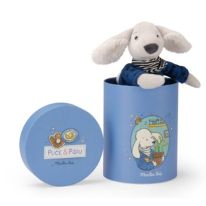 Poupée chien Pilou bleu dans une boîte - Puce et Pilou - Moulin Roty