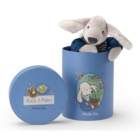 Poupée chien Pilou bleu dans une boîte - Puce et Pilou - Moulin Roty