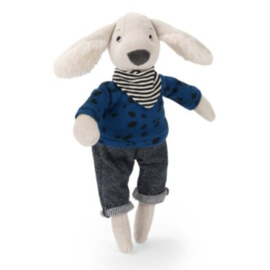 Poupée chien Pilou bleu dans une boîte - Puce et Pilou - Moulin Roty