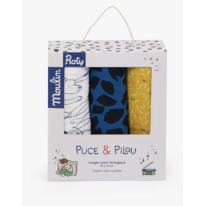 Set de 3 langes imprimés - Bleu/Jaune/Blanc - Puce et Pilou - Moulin Roty