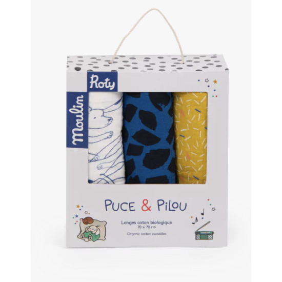 Set de 3 langes imprimés - Bleu/Jaune/Blanc - Puce et Pilou - Moulin Roty