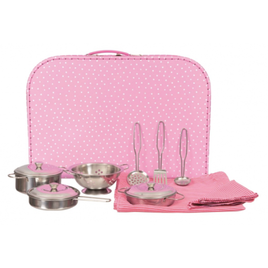 Set de casseroles et passoire en métal dans une valise rose - Egmont Toys