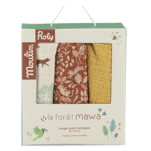Set de 3 langes imprimés (Félins / Feuillage / confettis) La forêt Mawa - Moulin Roty