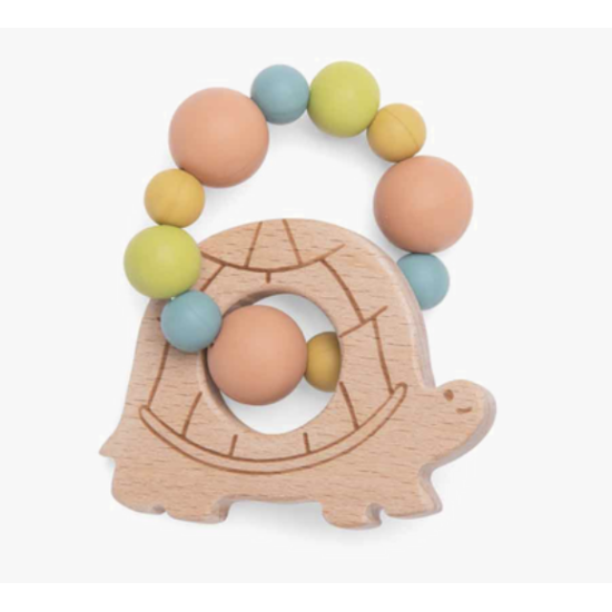Hochet anneau de dentition bois et silicone tortue - Trois petits lapins - Moulin Roty