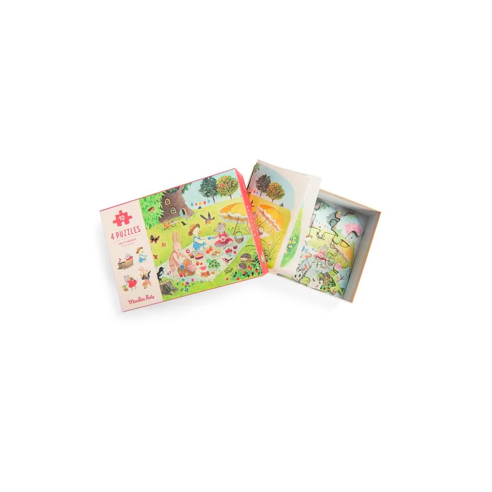 4 mini puzzles des saisons (4x12 pièces) - La grande famille - Moulin Roty